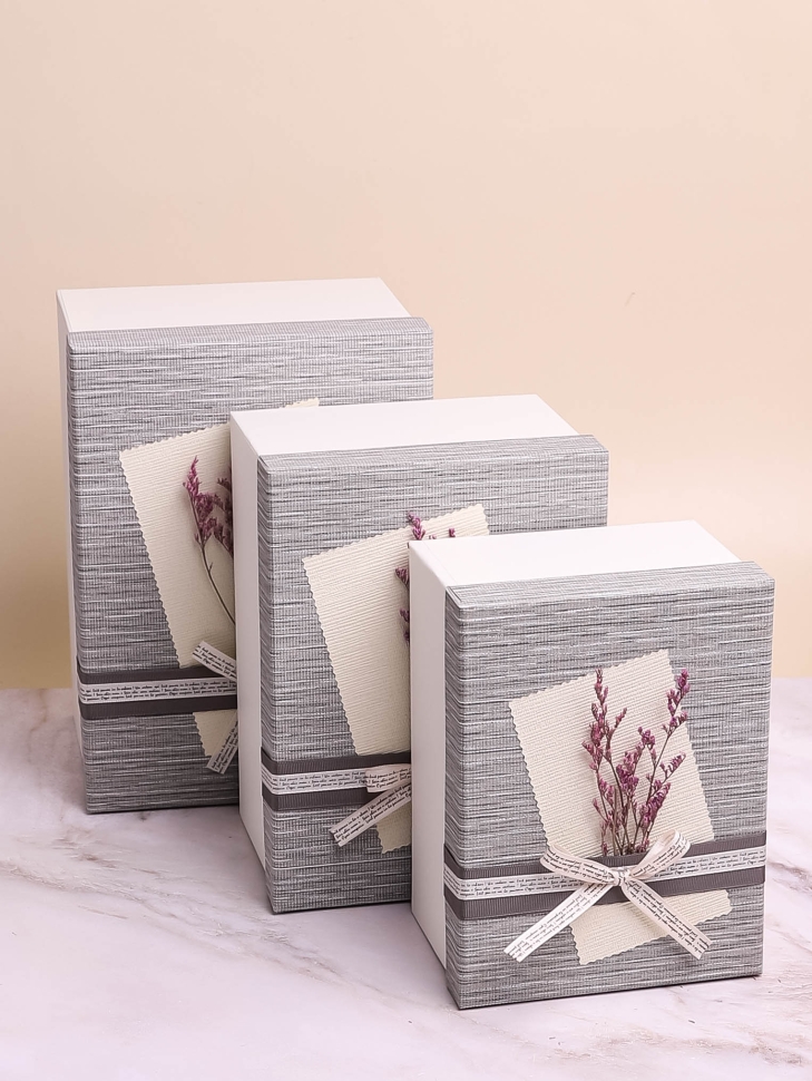 Коробка прямоугольник набор из  3шт 26х19х15см сухоцветы белый/серый