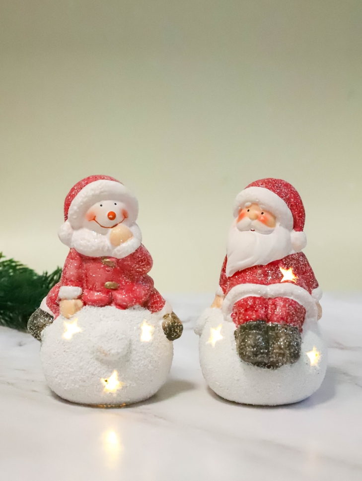 Фигурка декоративная НГ  9,4х8,5х13,8 с подсветкой Дед Мороз/Снеговик микс