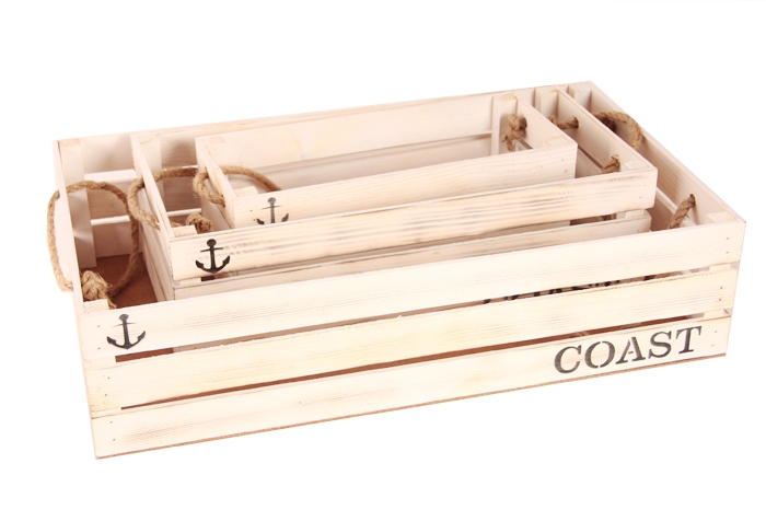 Ящик деревянный интерьерный набор 3шт 50х30х12см "Coast" веревочные ручки бел винтаж Ящик деревянный интерьерный набор 3шт 50х30х12см "Coast" веревочные ручки бел винтаж