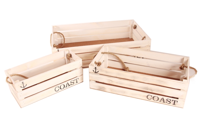 Ящик деревянный интерьерный набор 3шт 50х30х12см "Coast" веревочные ручки бел винтаж Ящик деревянный интерьерный набор 3шт 50х30х12см "Coast" веревочные ручки бел винтаж