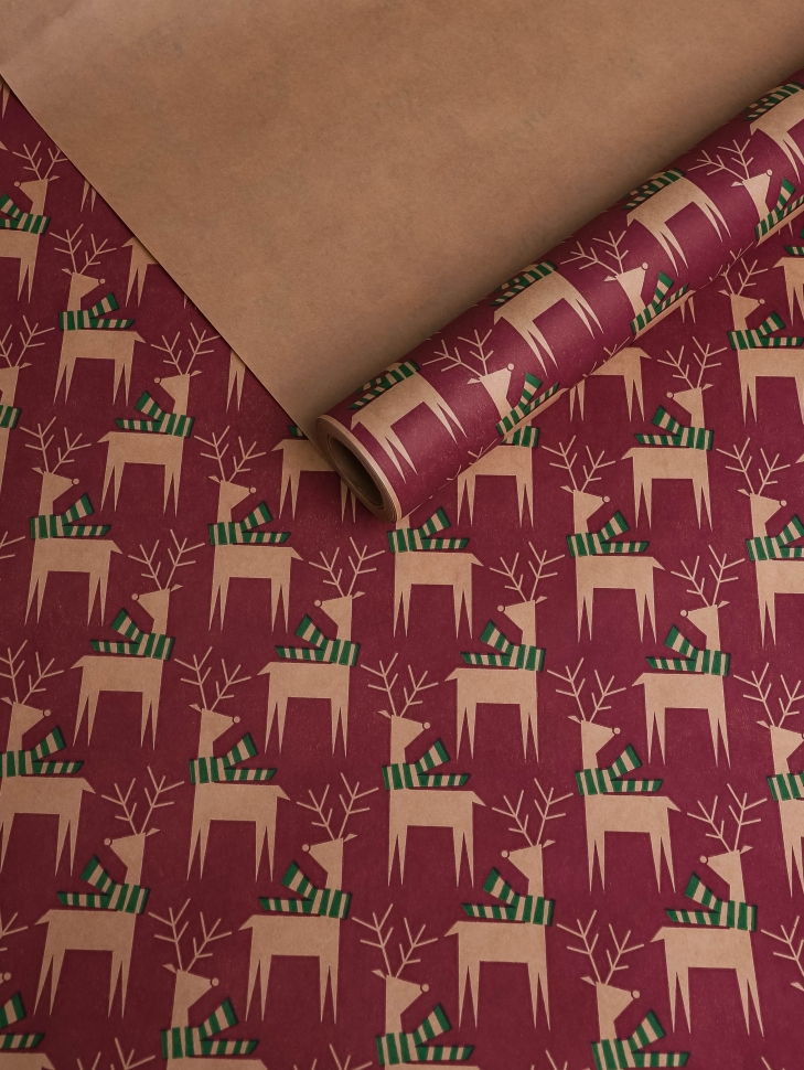 Бумага крафт 70г/м2, 70см x 10м, Олени с шарфиком, фиолетовый пурпур/зеленый Бумага крафт 70г/м2, 70см x 10м, Олени с шарфиком, фиолетовый пурпур/зеленый