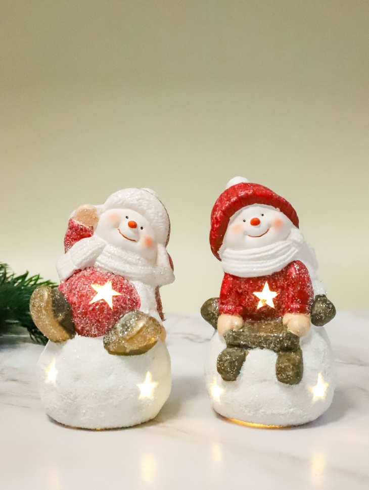 Фигурка декоративная НГ  8,8х8,8х14,6 с подсветкой Снеговик белый/красный микс