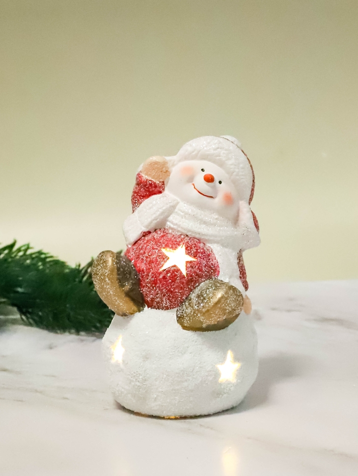 Фигурка декоративная НГ  8,8х8,8х14,6 с подсветкой Снеговик белый/красный микс