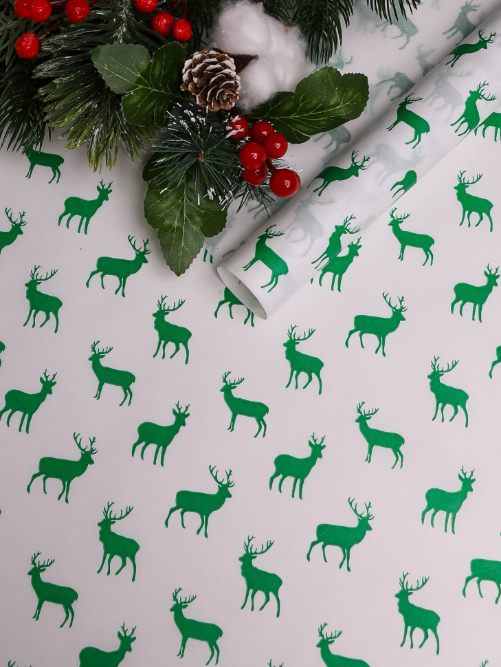 Бумага белая крафт 50г/м2, 70см x 10м, Северные олени, зеленый